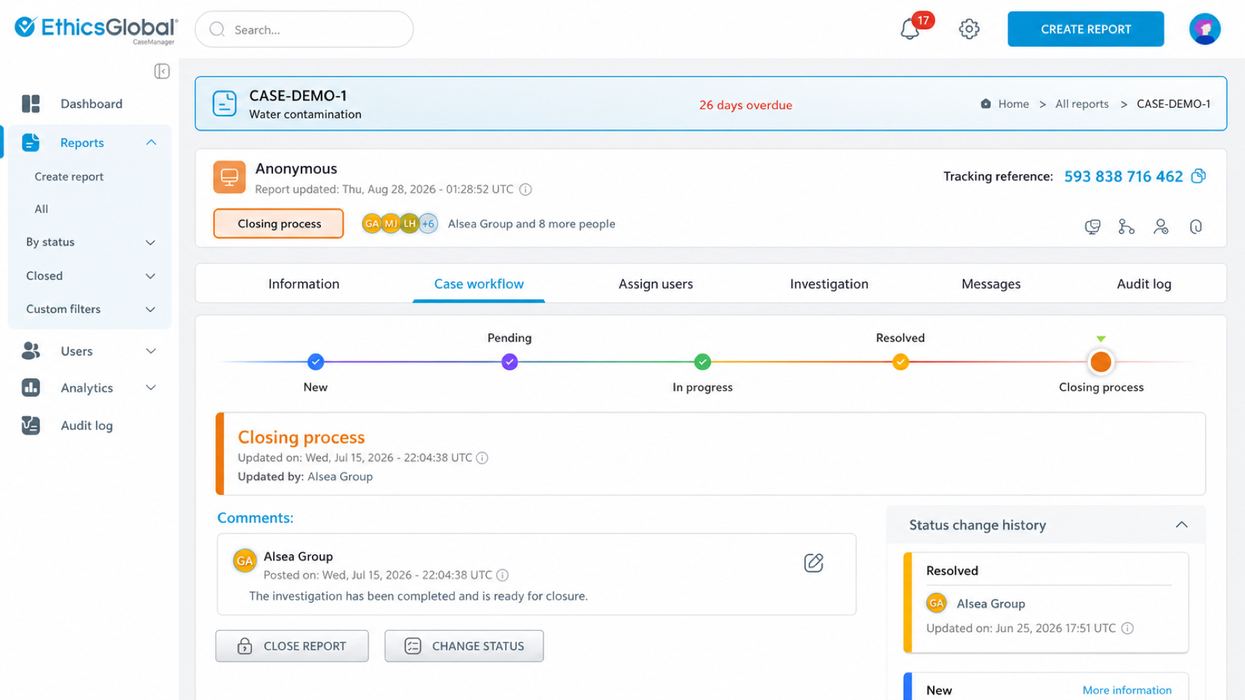 Report handling and traceability workflow in CaseManager