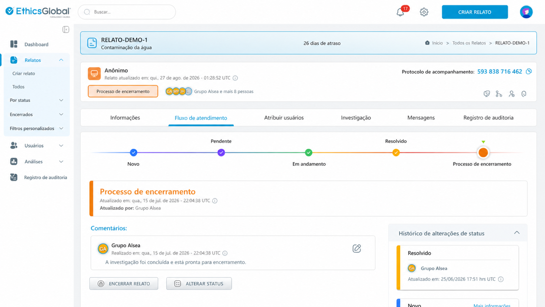 Fluxo de tratamento e rastreabilidade de um relato no CaseManager