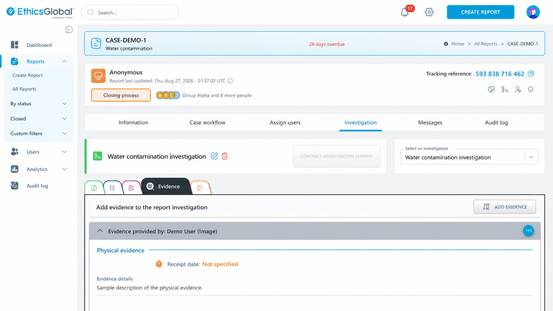 Evidence management within a CaseManager investigation