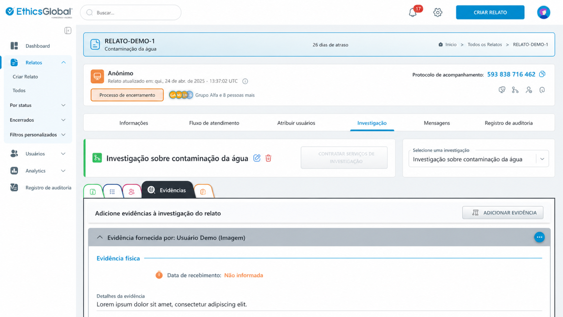 Gestão de evidências em uma investigação no CaseManager