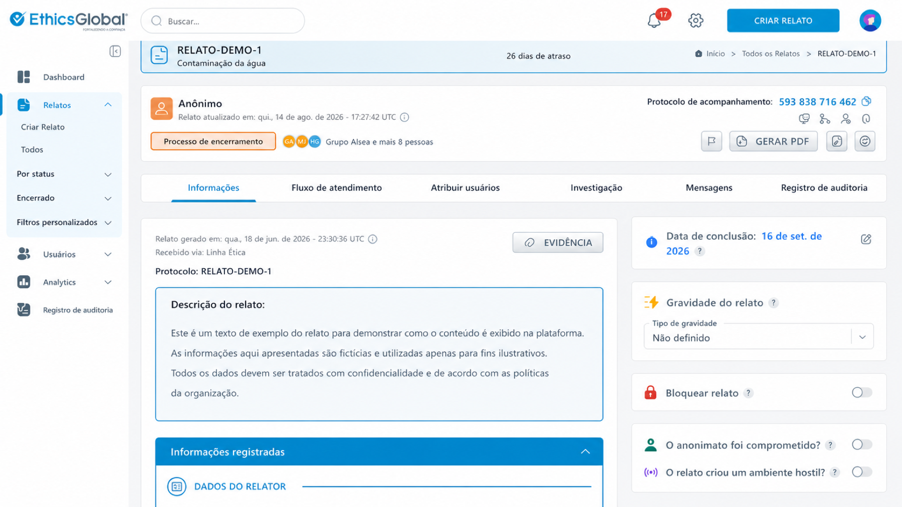 Visão da gestão e dos principais dados de um relato no CaseManager