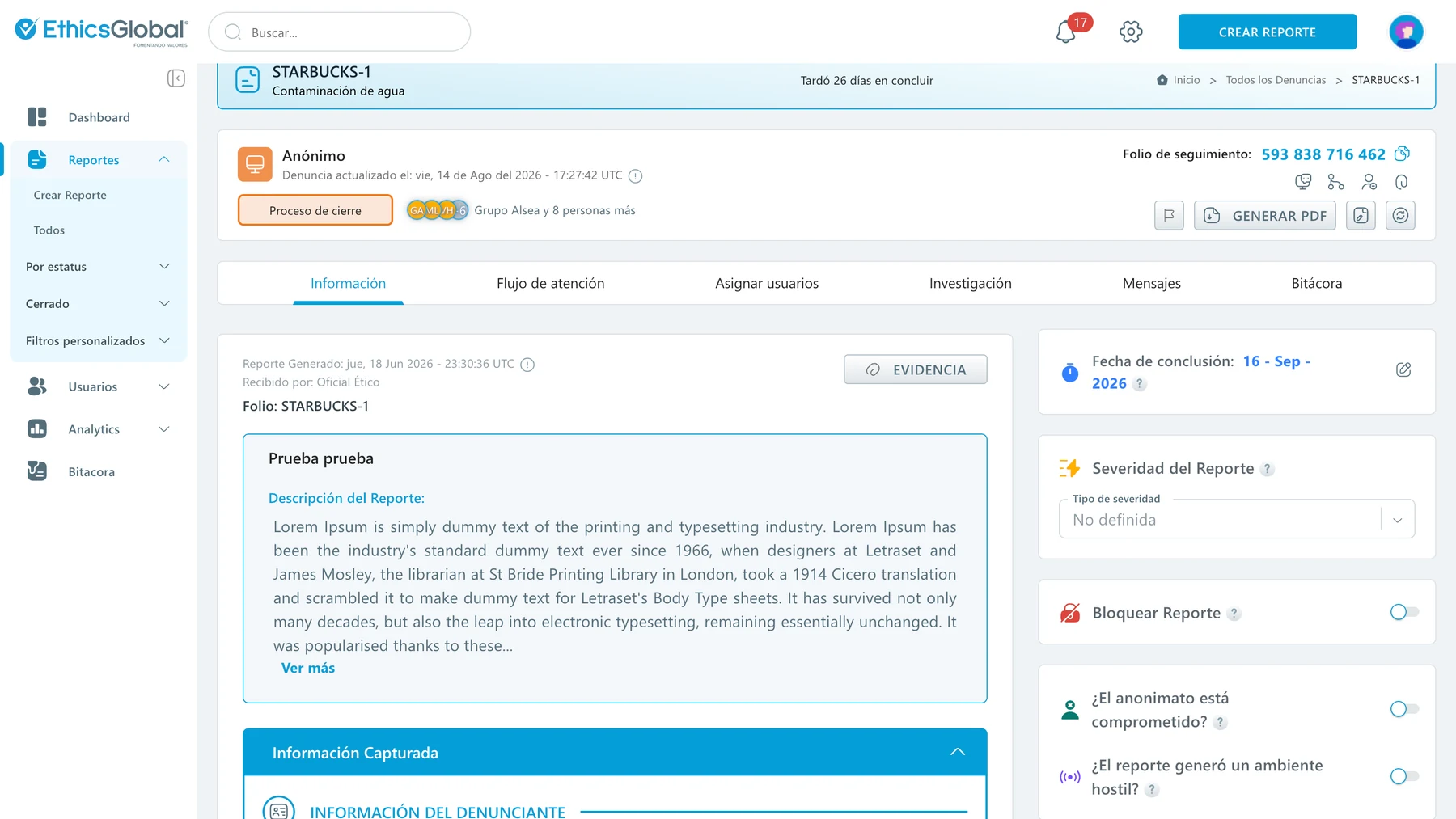 Vista real de la gestión y datos principales de un reporte en CaseManager
